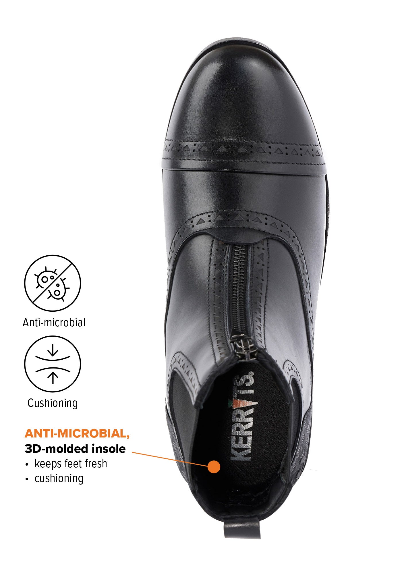Top-down view of Kerrits Essence Waterproof Paddock Boot revealing the Kerrits Anti-microbial 3D-molded insole.