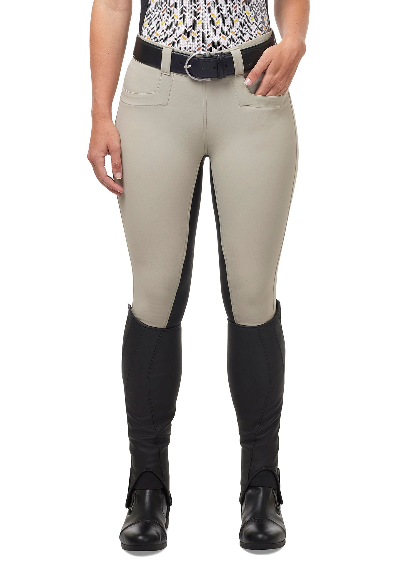 Front view of the Kerrits GripTek™ II Full Seat Breech in Sand, highlighting the sleek design.