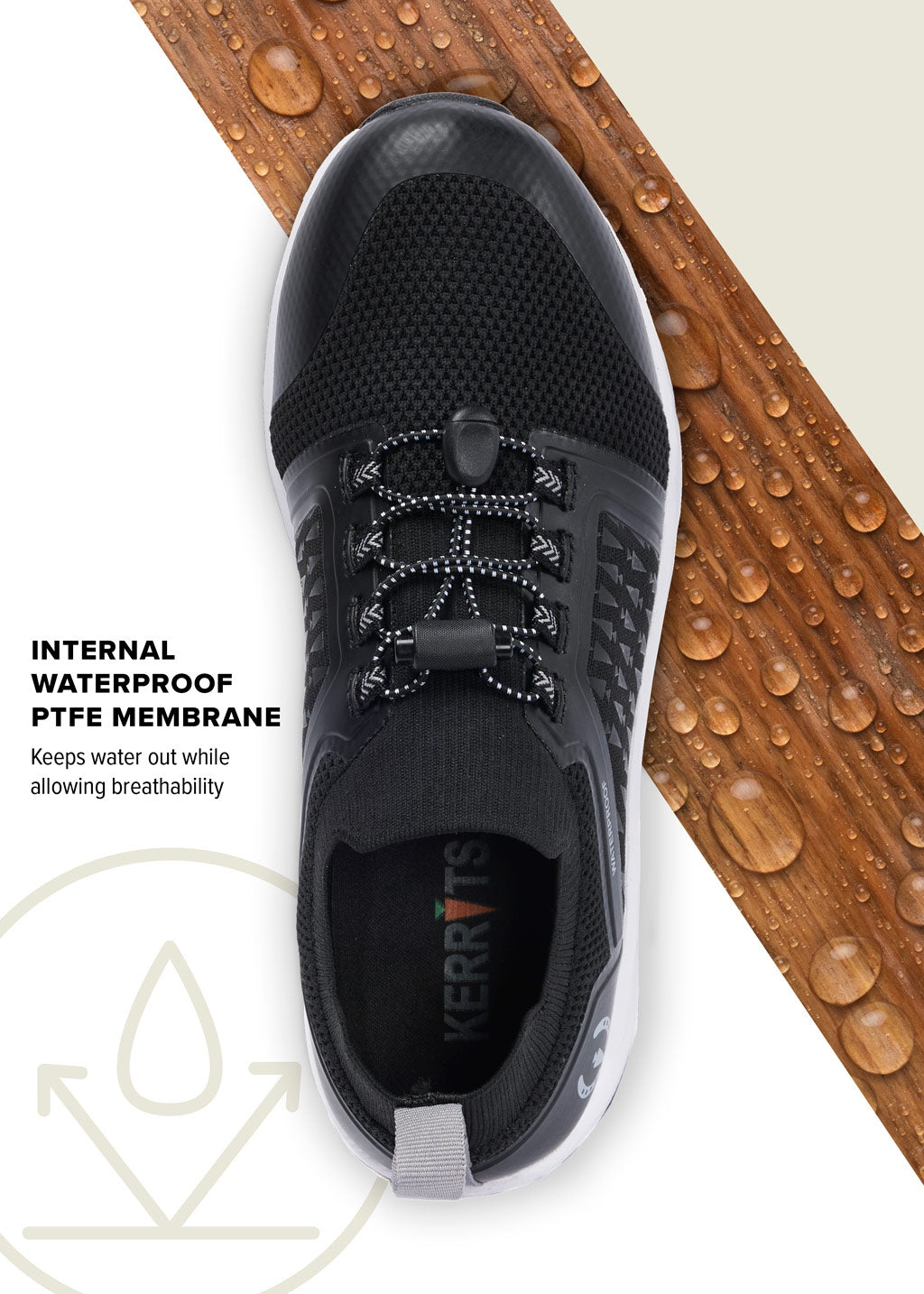 Top view of the Groundwork Waterproof Sneaker in Black/Sterling, giving a view of the Internal Waterpoof PTFE Membrane.