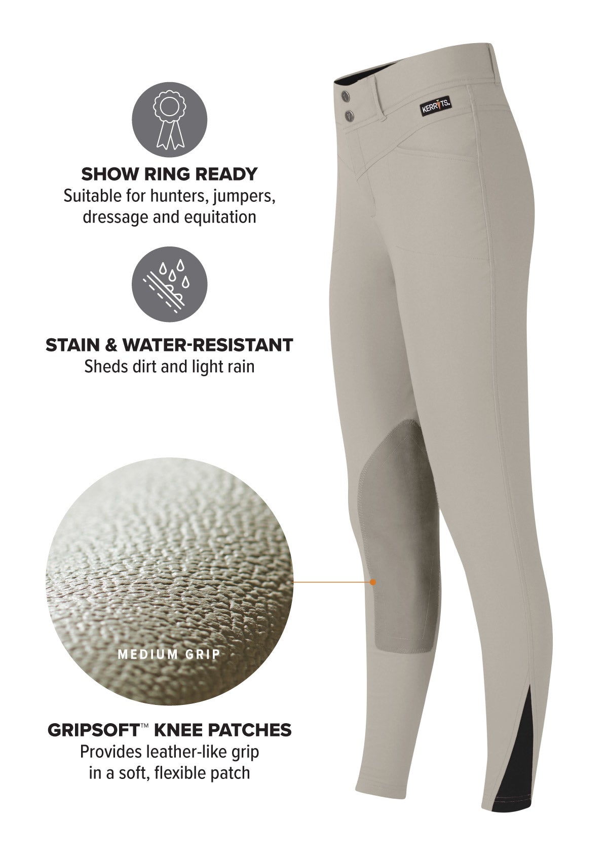 Side view highlighting the GripSoft™ knee patches that provide a flexible, secure mid-level grip in the saddle