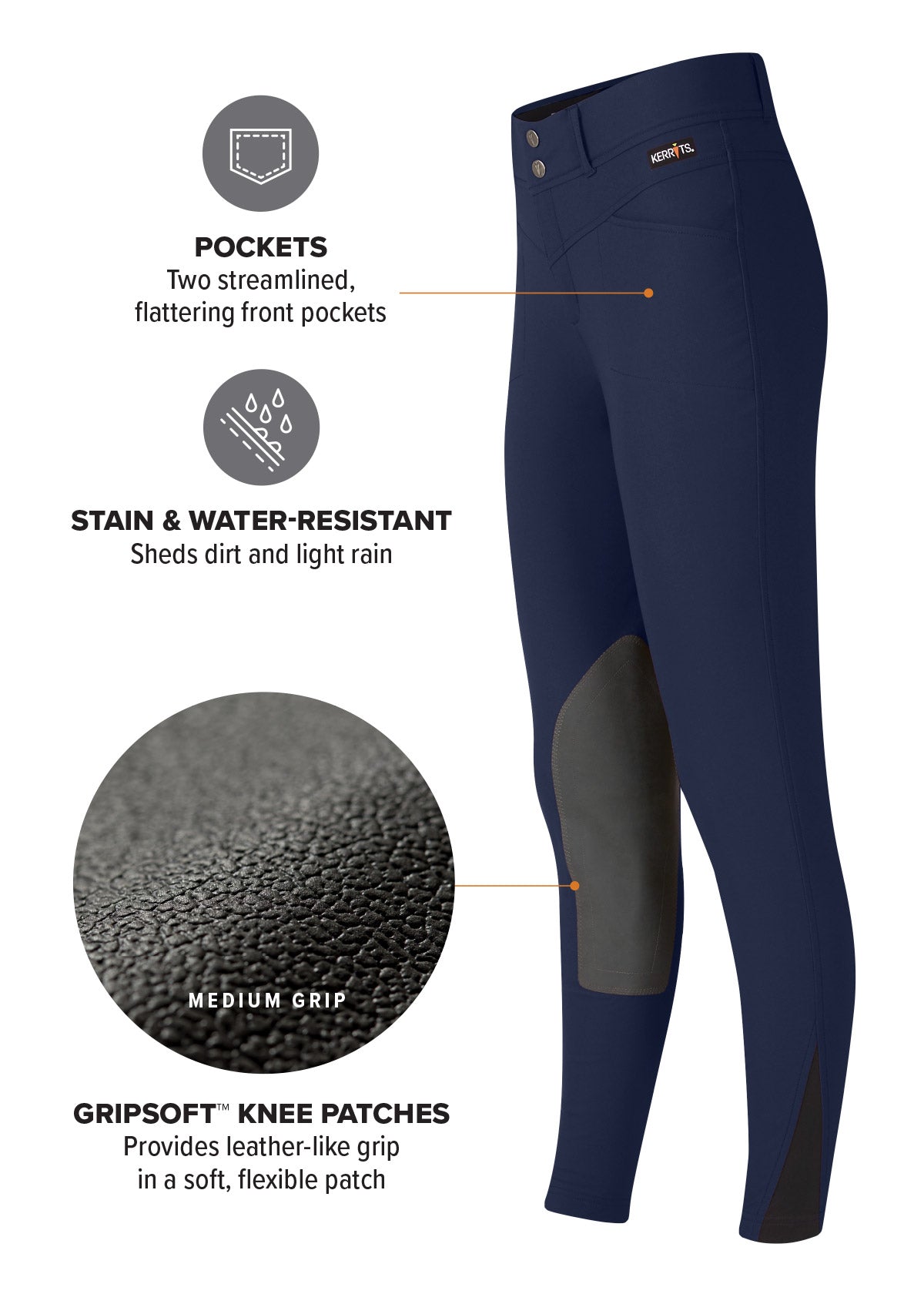 Side view highlighting the GripSoft™ knee patches that provide a flexible, secure mid-level grip in the saddle