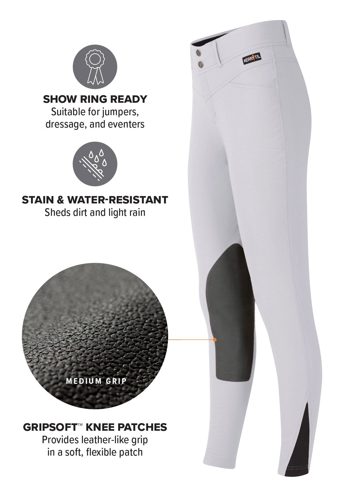 Side view highlighting the GripSoft™ knee patches that provide a flexible, secure mid-level grip in the saddle