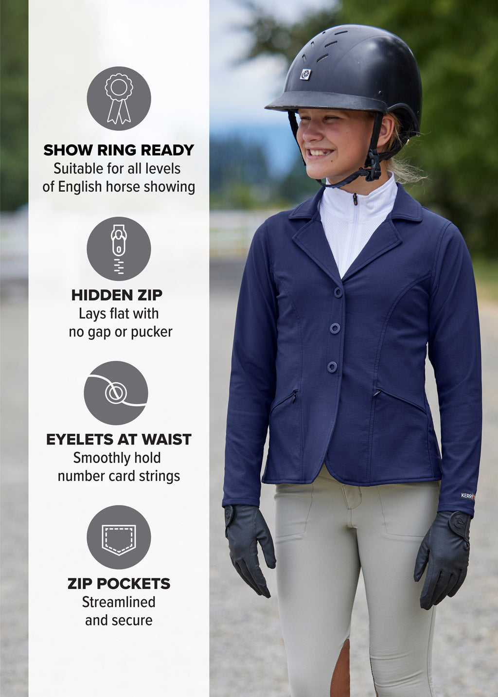 Young rider wearing the coat for a competition, demonstrating its professional appearance and comfortable fit