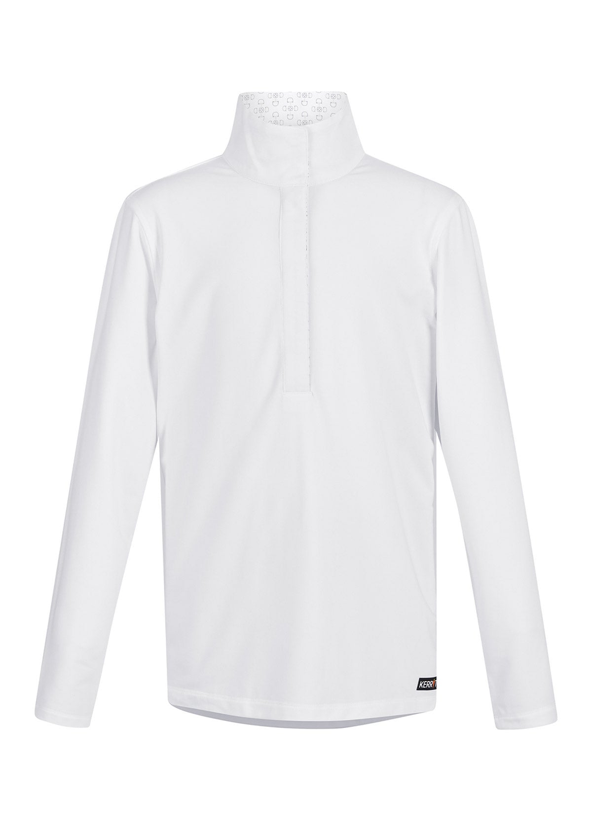 Flat lay of the shirt, front side up, displaying the quarter-length snap placket, crisp collar, and the textured fabric