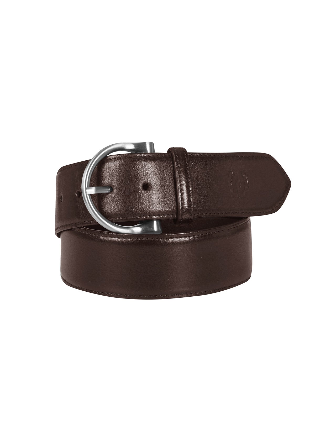 Simple D Leather Belt in Dark Bay color rolled into a compact coil, emphasizing its soft and supple leather material