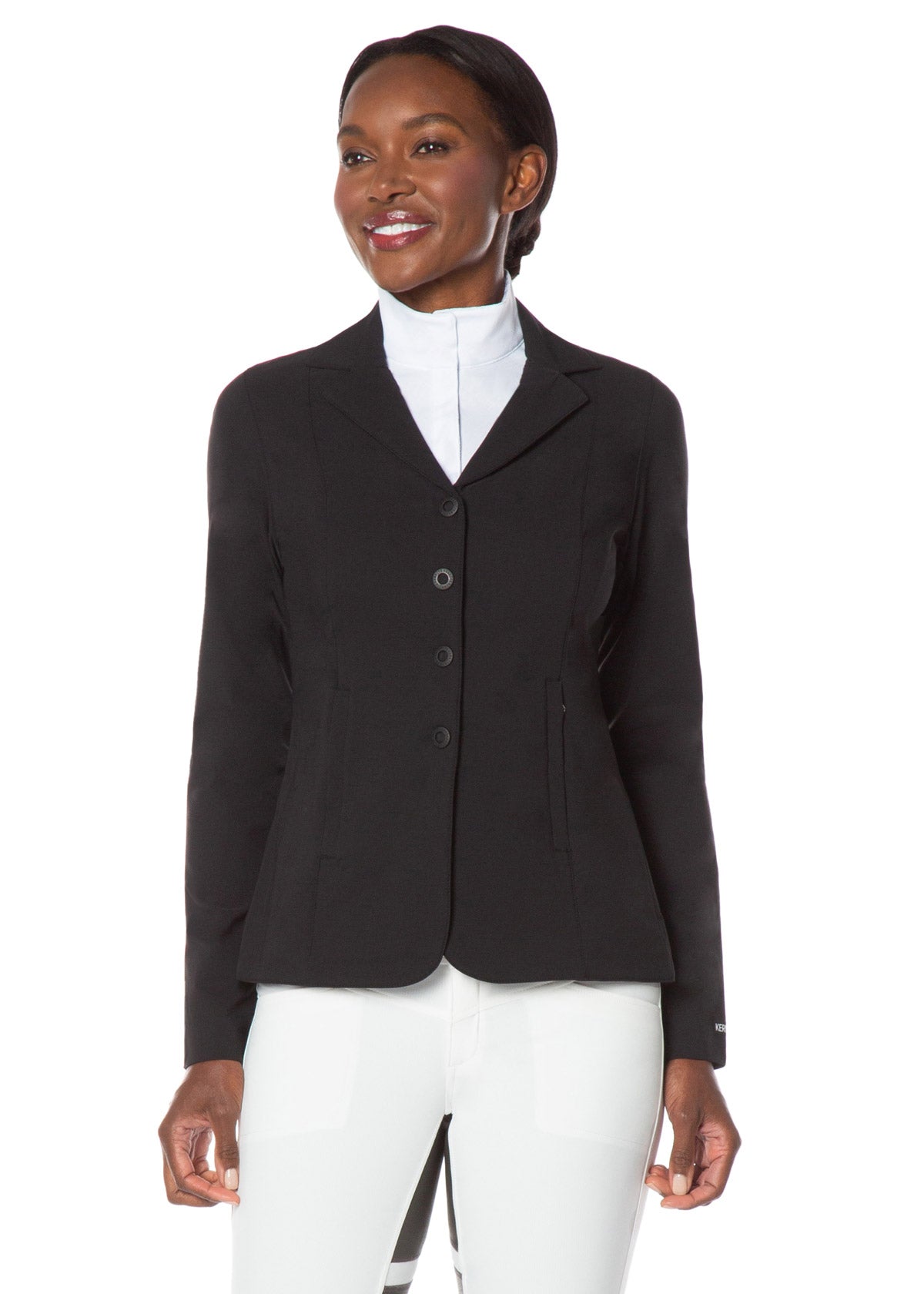 Front view on model of the Stretch Competitor Koat in black, featuring a hidden front zipper with snap closures for a smooth, streamlined appearance