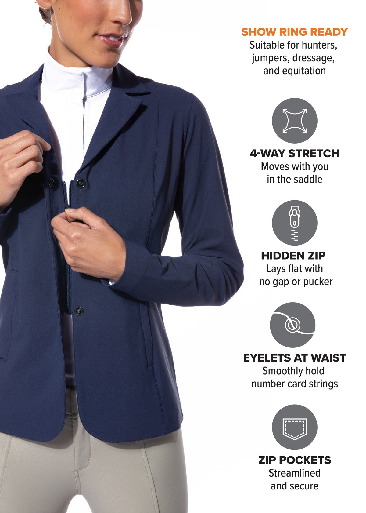 Front view on model of the Stretch Competitor Koat in navy, featuring a hidden front zipper with snap closures, eyelets at waist, and zip pockets