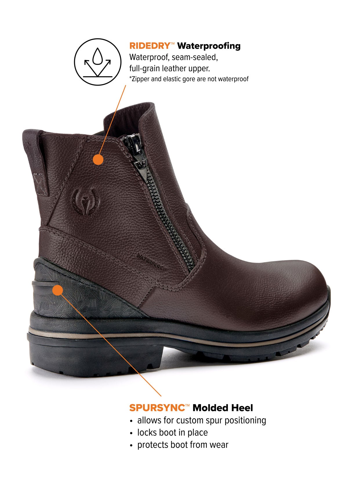 Side view of Woodstock Barn Boot in dark bay detailing RideDry™ waterproof technology, emphasizing seam-sealed construction