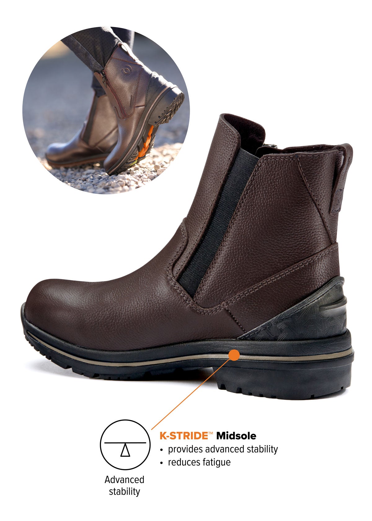 Side view of Woodstock Barn Boot in dark bay detailing K-Stride™ Midsole, emphasizing stability and reducing fatigue