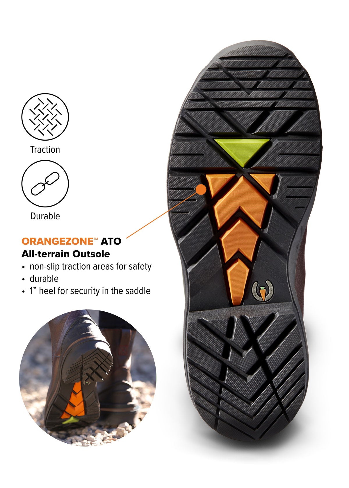 Close-up of OrangeZone™ ATO non-slip outsole on Woodstock Waterproof Barn Boot, highlighting all-terrain traction design