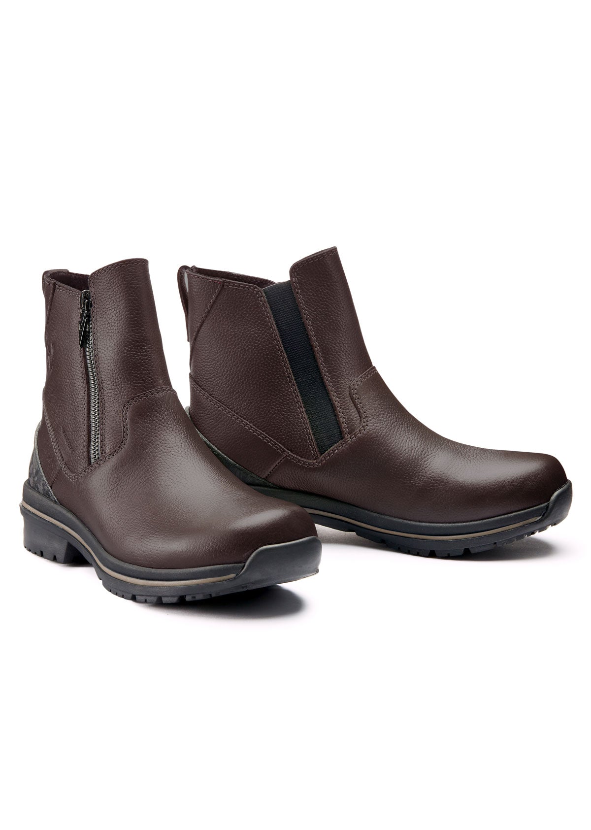 Side view of Woodstock Waterproof Barn Boot pair in dark bay, showcasing 6-inch tall fitted shaft and contrast stitching