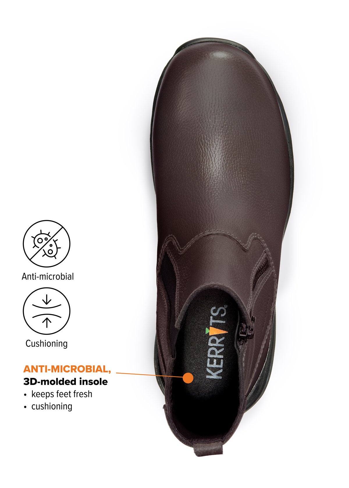 Top view of Woodstock Barn Boot in dark bay detailing the Anti-Microbial 3D-molded Insole, emphasizing keeping feet fresh