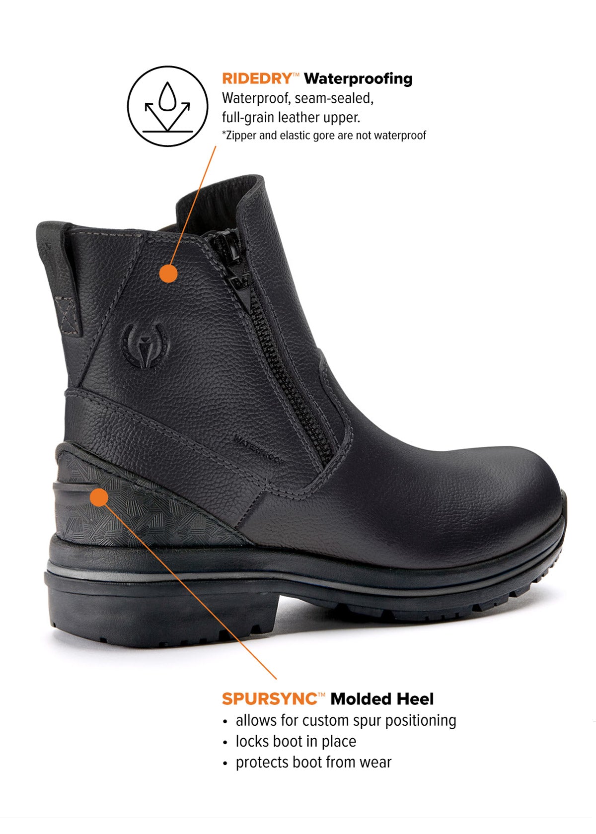 Side view of Woodstock Barn Boot in black detailing RideDry™ waterproof technology, emphasizing seam-sealed construction