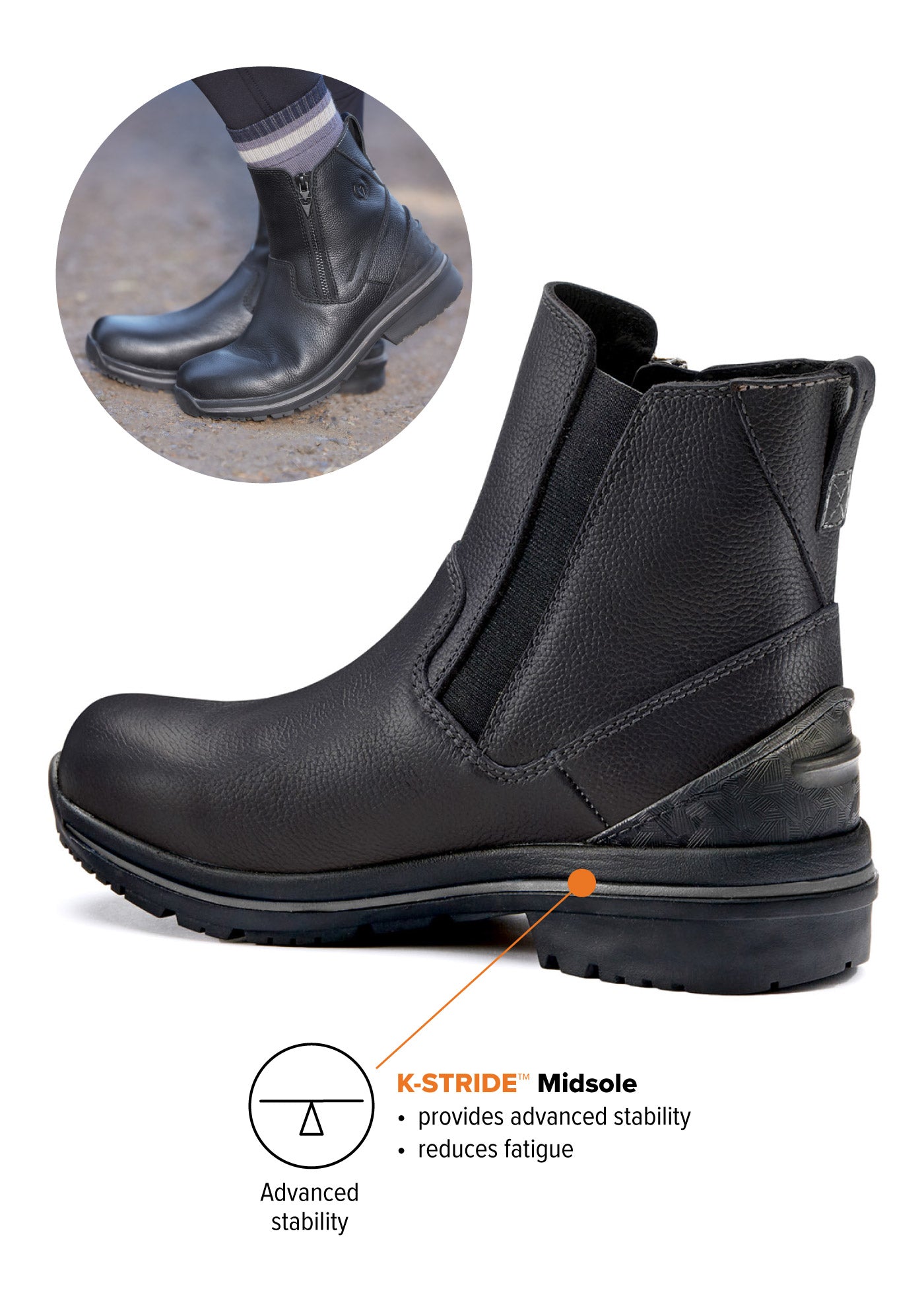 Side view of Woodstock Barn Boot in black detailing K-Stride™ Midsole, emphasizing stability and reducing fatigue
