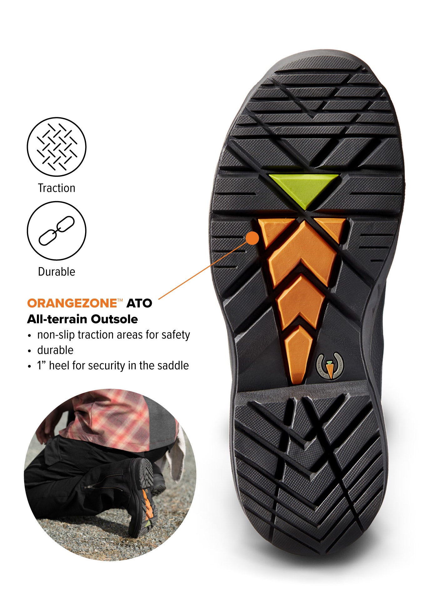 Close-up of OrangeZone™ ATO non-slip outsole on Woodstock Waterproof Barn Boot, highlighting all-terrain traction design