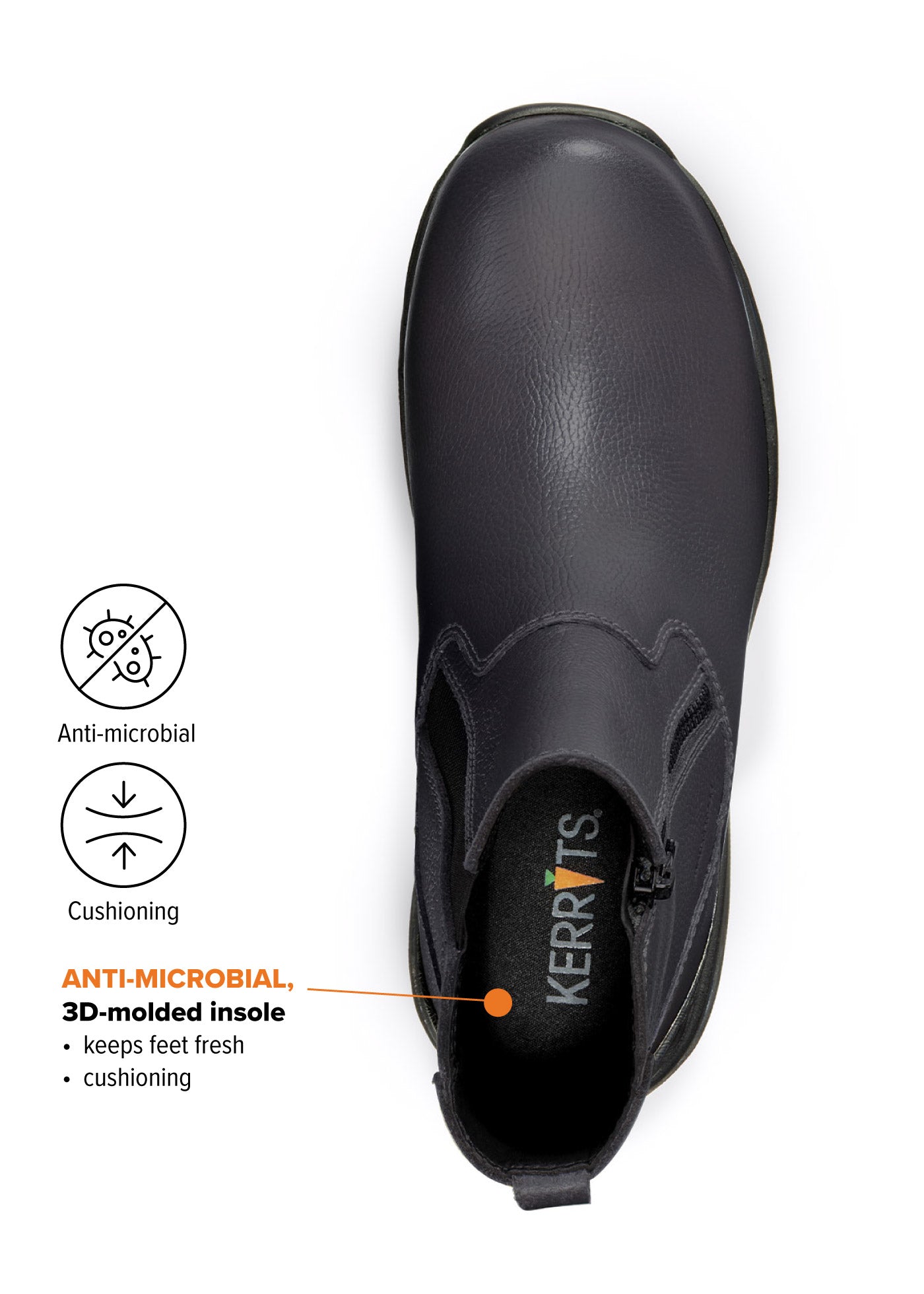 Top view of Woodstock Barn Boot in black detailing the Anti-Microbial 3D-molded Insole, emphasizing keeping feet fresh
