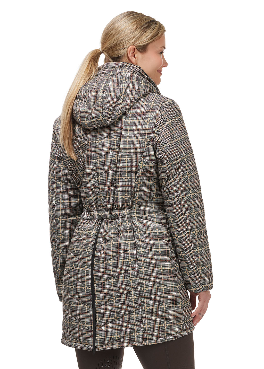 Back view of the Elevation Insulated Winter Equestrian Jacket in EQ Plaid, showcasing the split back zipper and adjustable back waist cinch for a feminine silhouette.