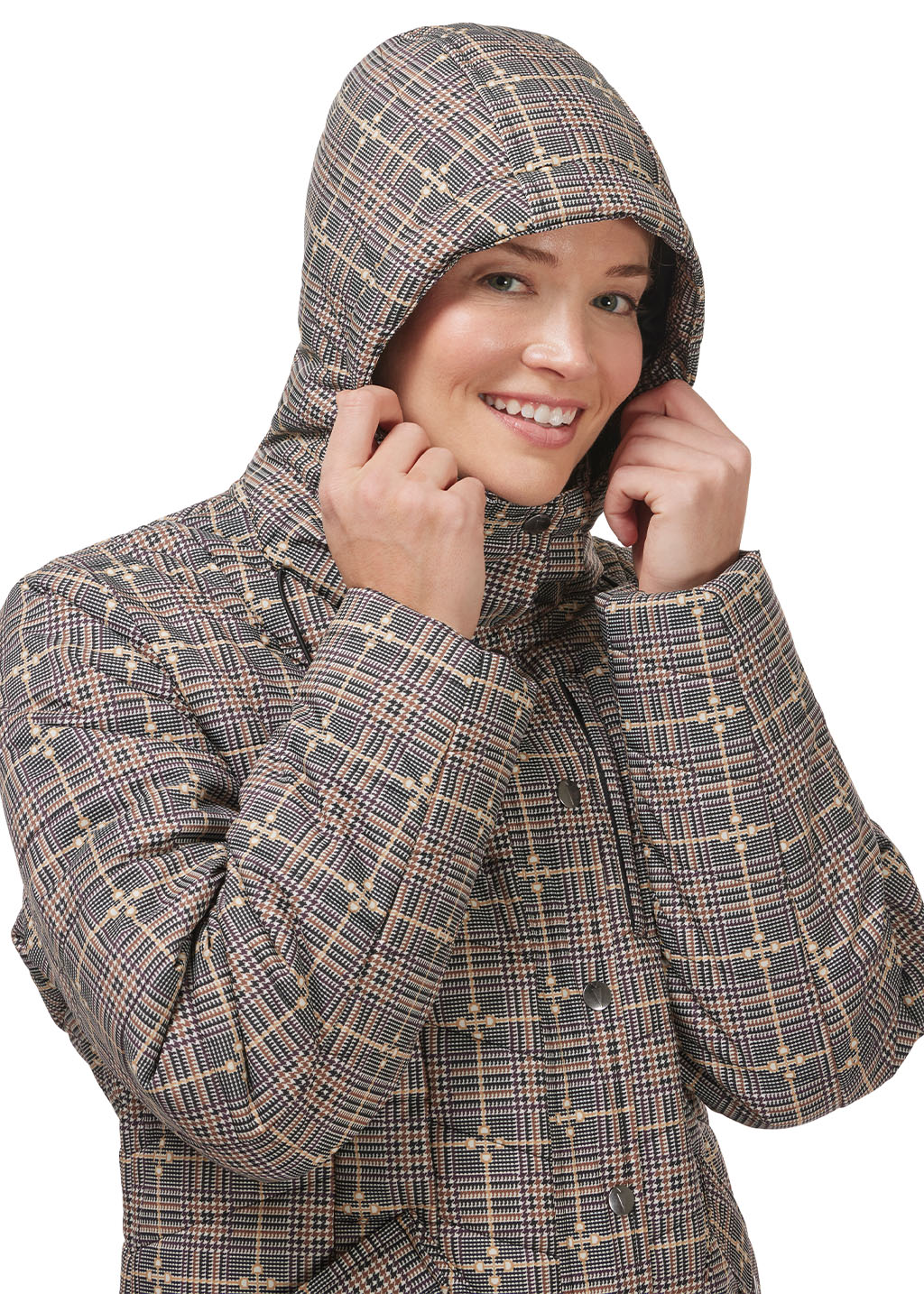 Close-up of the tall and hoodie on the Elevation Insulated Winter Equestrian Jacket in EQ Plaid, providing additional warmth and comfort.