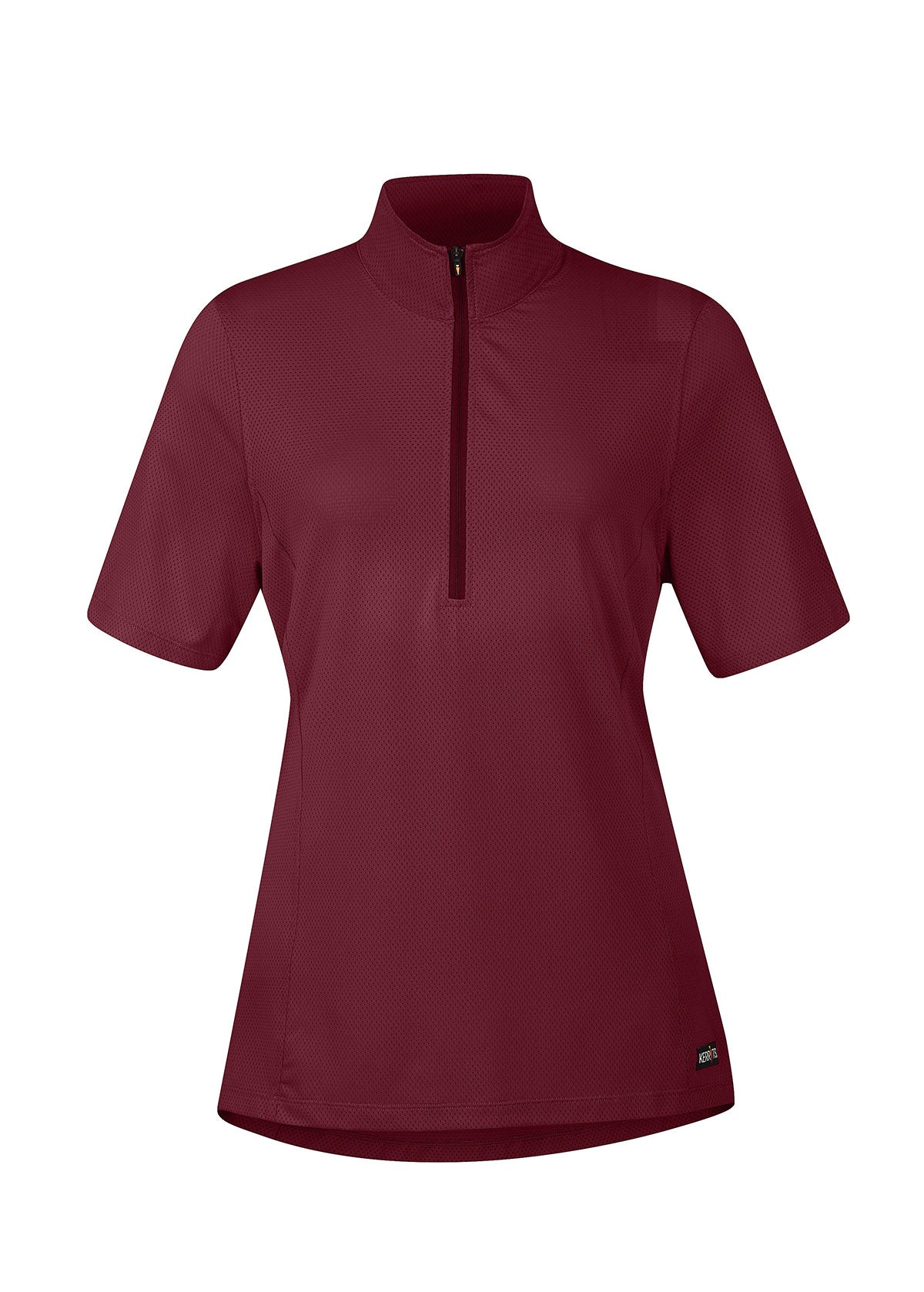 Flat lay of the Kerrits Ice Fil® Lite Short Sleeve Riding Shirt in Burgundy, presenting the front profile with zip collar.