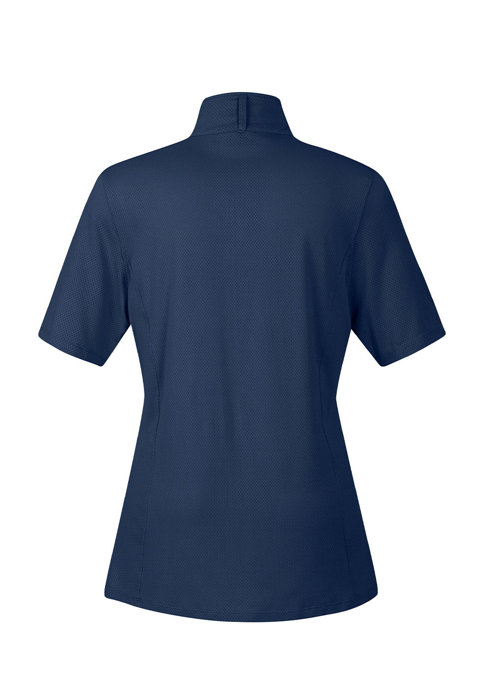 Flat lay of the Kerrits Ice Fil® Lite Short Sleeve Riding Shirt in Navy, showing the back profile with equestrian hem.