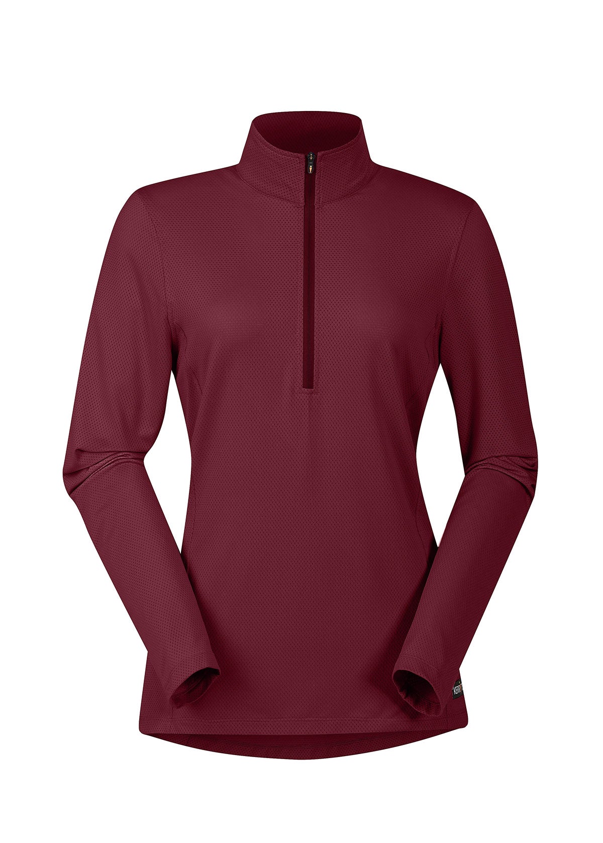 Flat lay of the Kerrits Ice Fil® Lite Long Sleeve Riding Shirt in Burgundy, presenting the front profile with zip collar.
