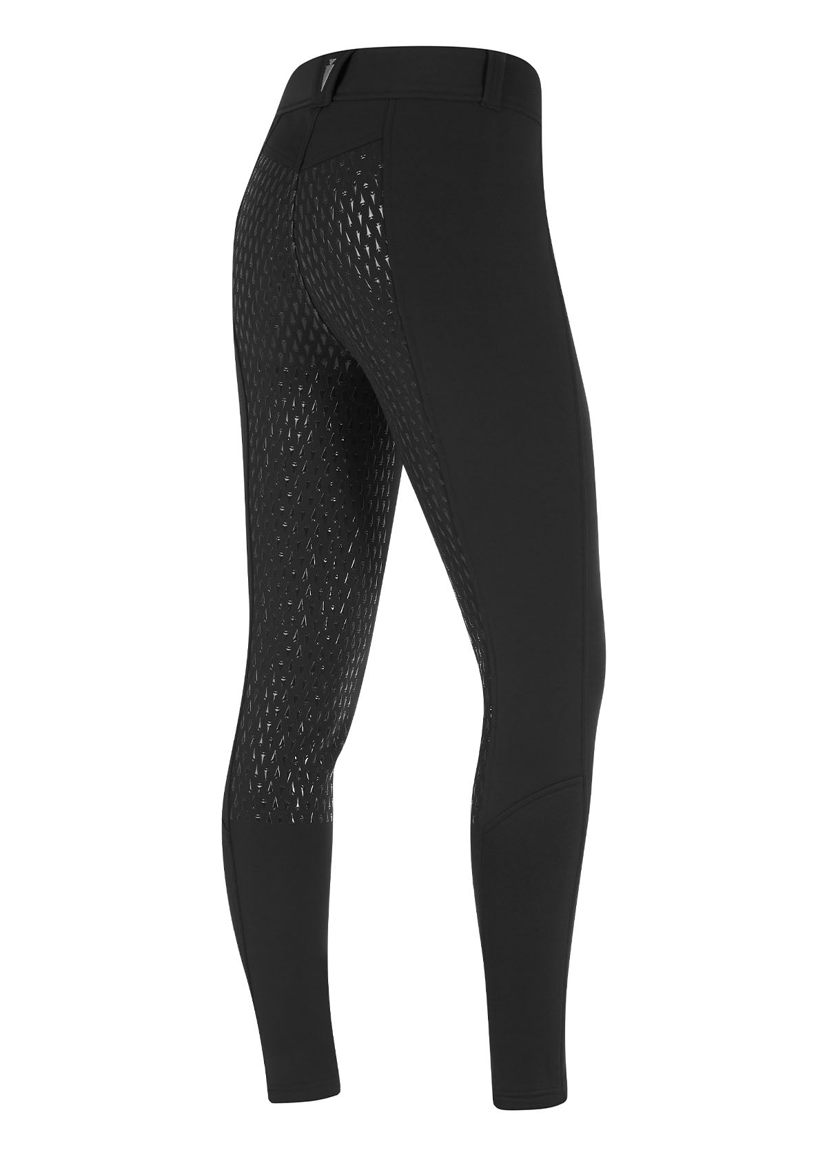 A right side view of the black 3-Season Tailored Full Seat Riding Breech on white background, highlighting the tailored silhouette and full seat grip of the pant.