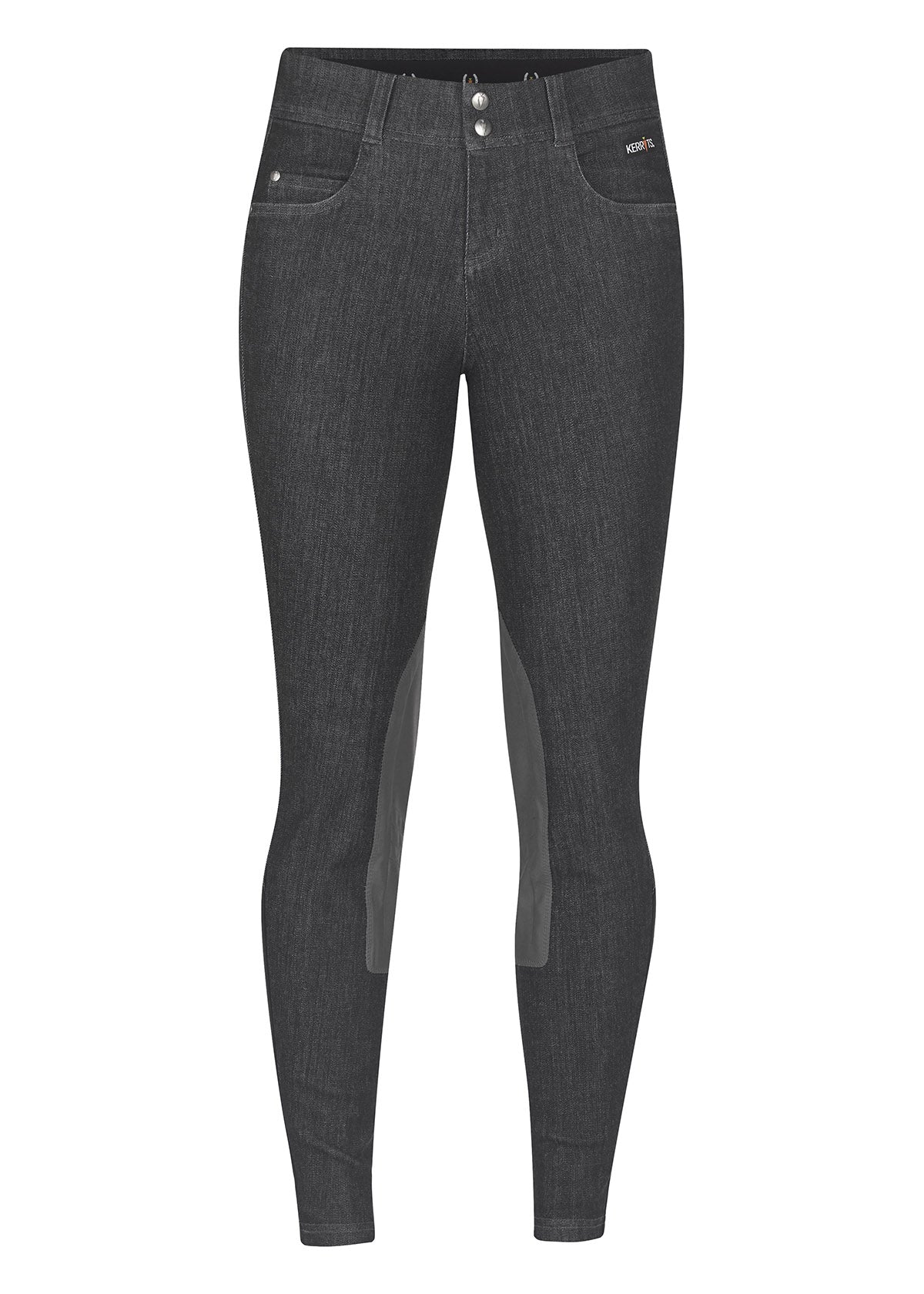Stretch Denim Knee Patch Breech laid flat, front side view, displaying the mid-rise waistband, front zip fly, and belt loops