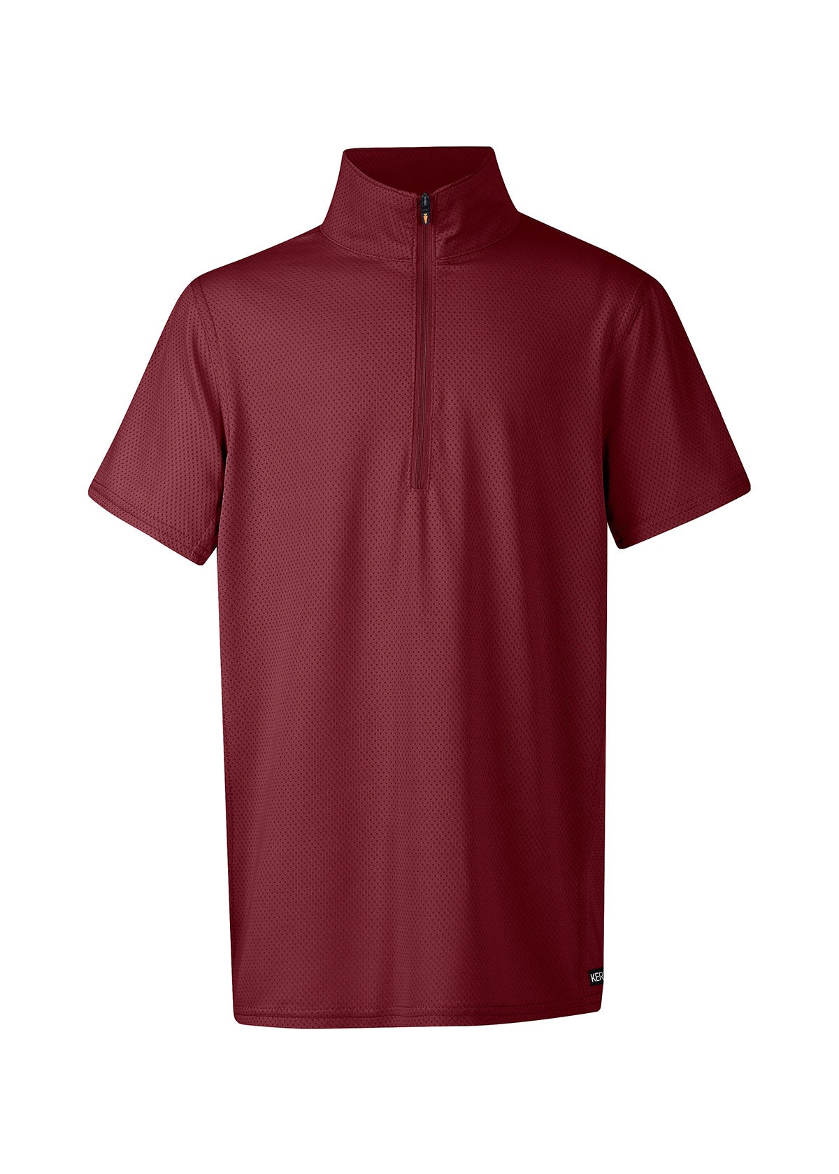 Flat lay of the shirt, front side up, displaying the high collar, zip, and short sleeves