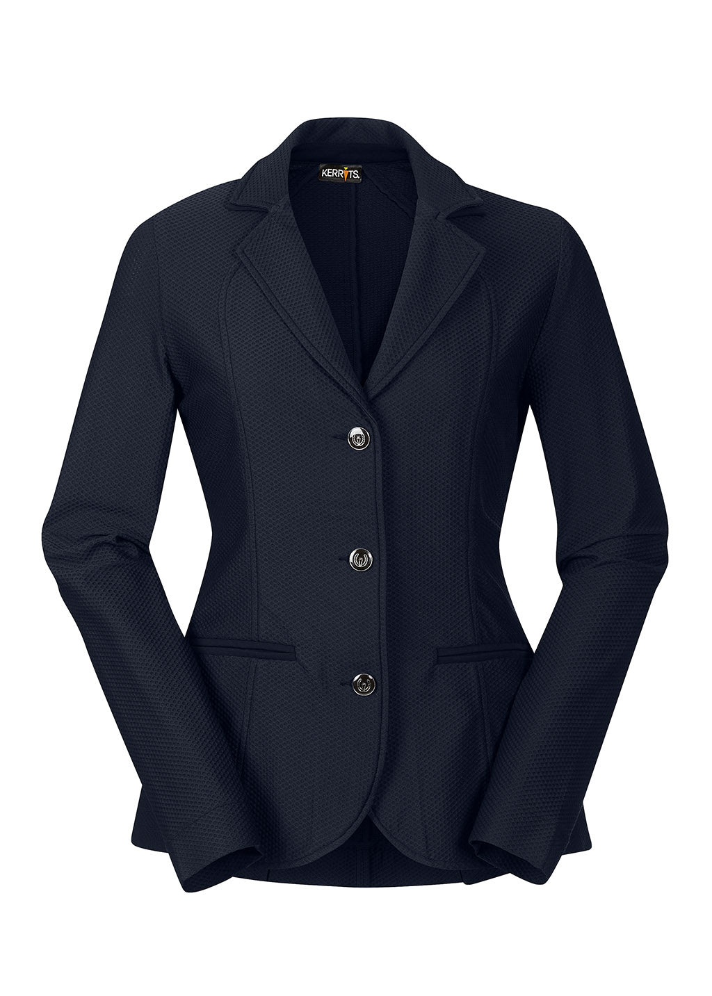Flat lay of the Affinity® Aero Show Coat in black, displaying the front design with a crisp collar and three-button closure.