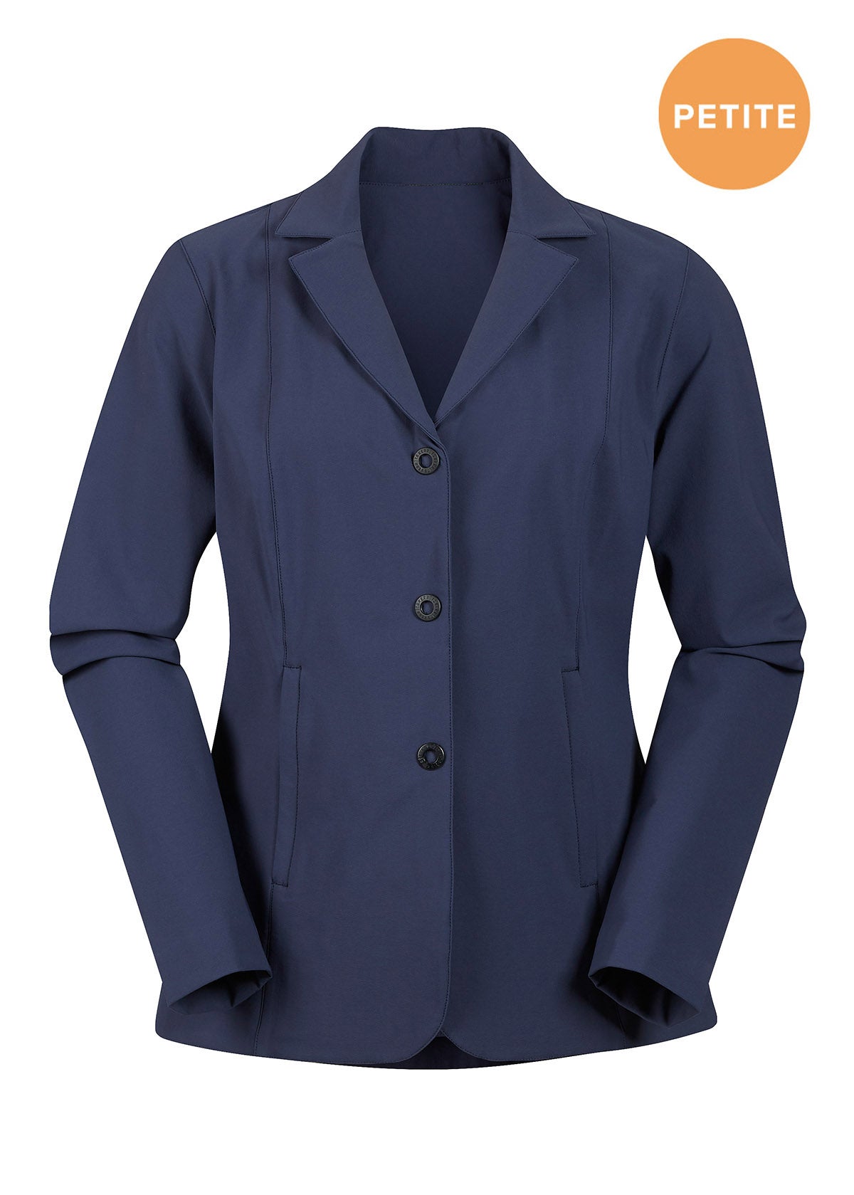 Flat lay of the show coat, front side up, highlighting the three-snap design and classic styling