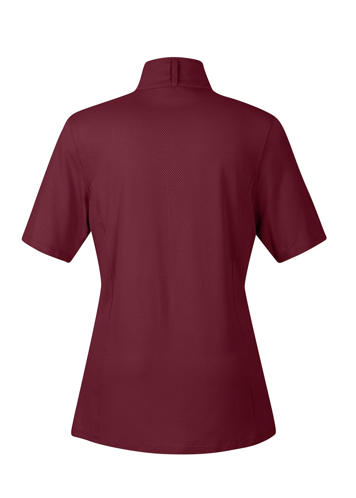 Flat lay of the Kerrits Ice Fil® Lite Short Sleeve Riding Shirt in Burgundy, showing the back profile with equestrian hem.