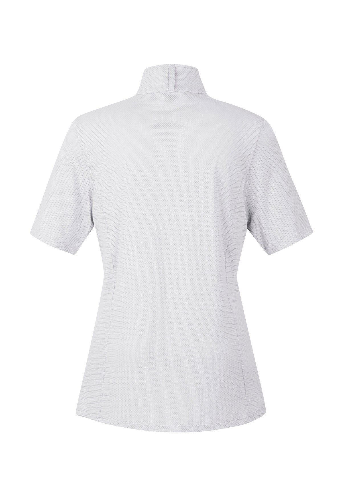 Flat lay of the Kerrits Ice Fil® Lite Short Sleeve Riding Shirt in White, showing the back profile with equestrian hem.