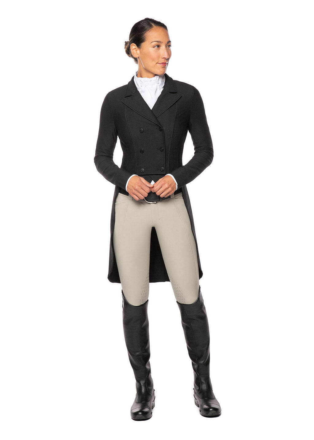 Model wearing the black Affinity® Aero Shadbelly Show Coat over a white show shirt and tan breeches, presenting a polished competition look.
