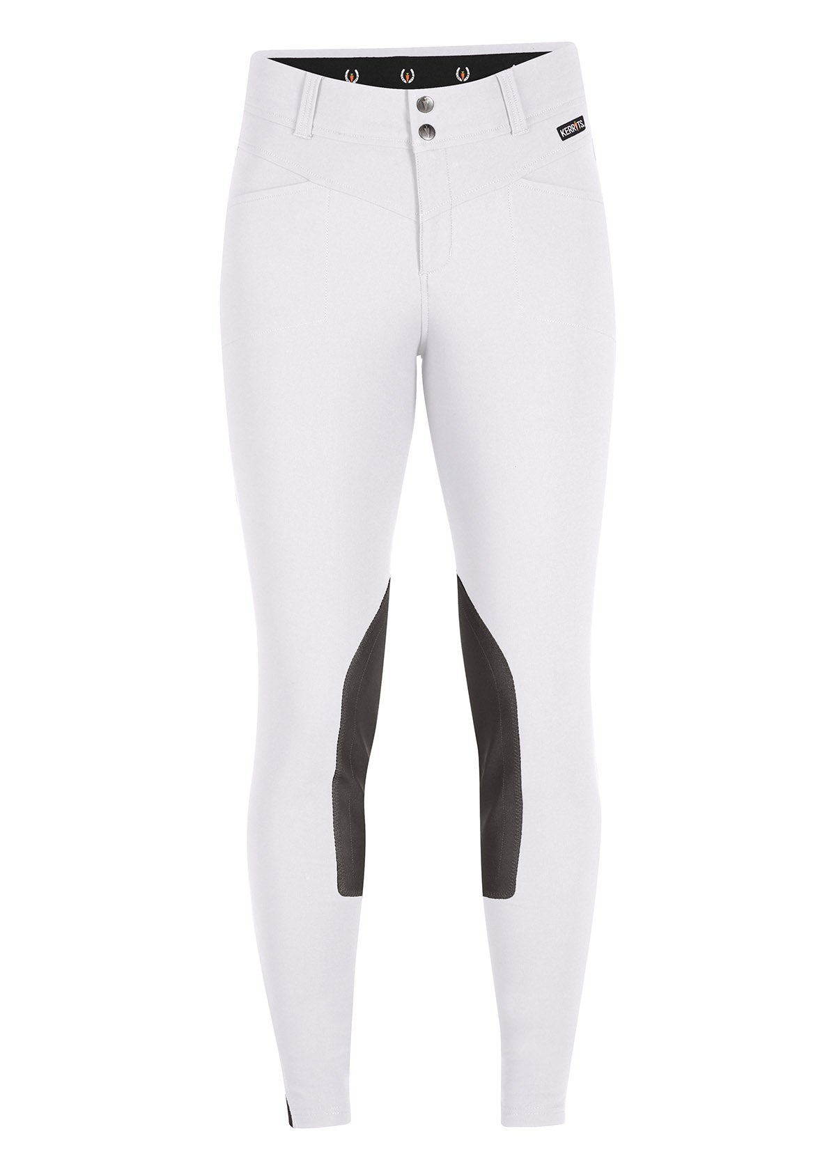 Flat lay of the Crossover II® Knee Patch Riding Breech in White, showcasing the two-streamlined front pockets and tailored waistband design.