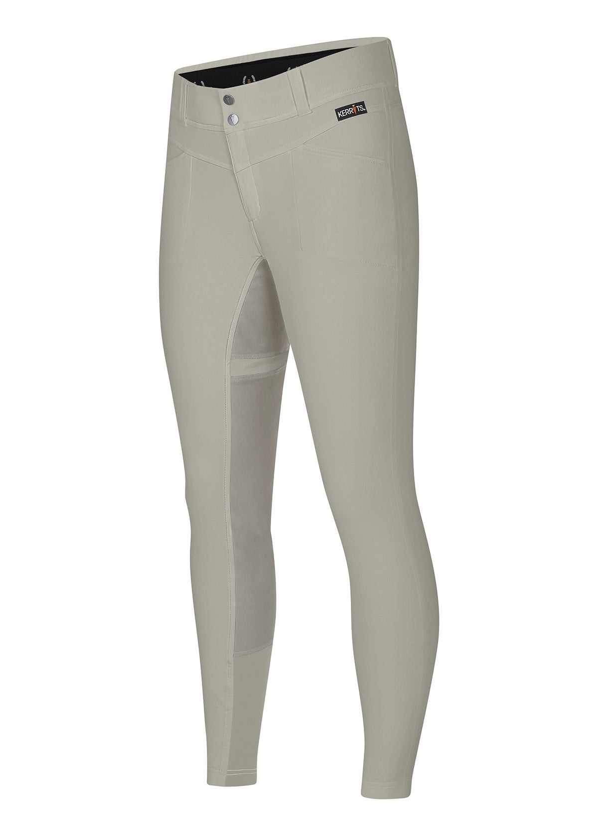 Flat lay of the breeches, front side up, highlighting the two-snap closure and pocket placement