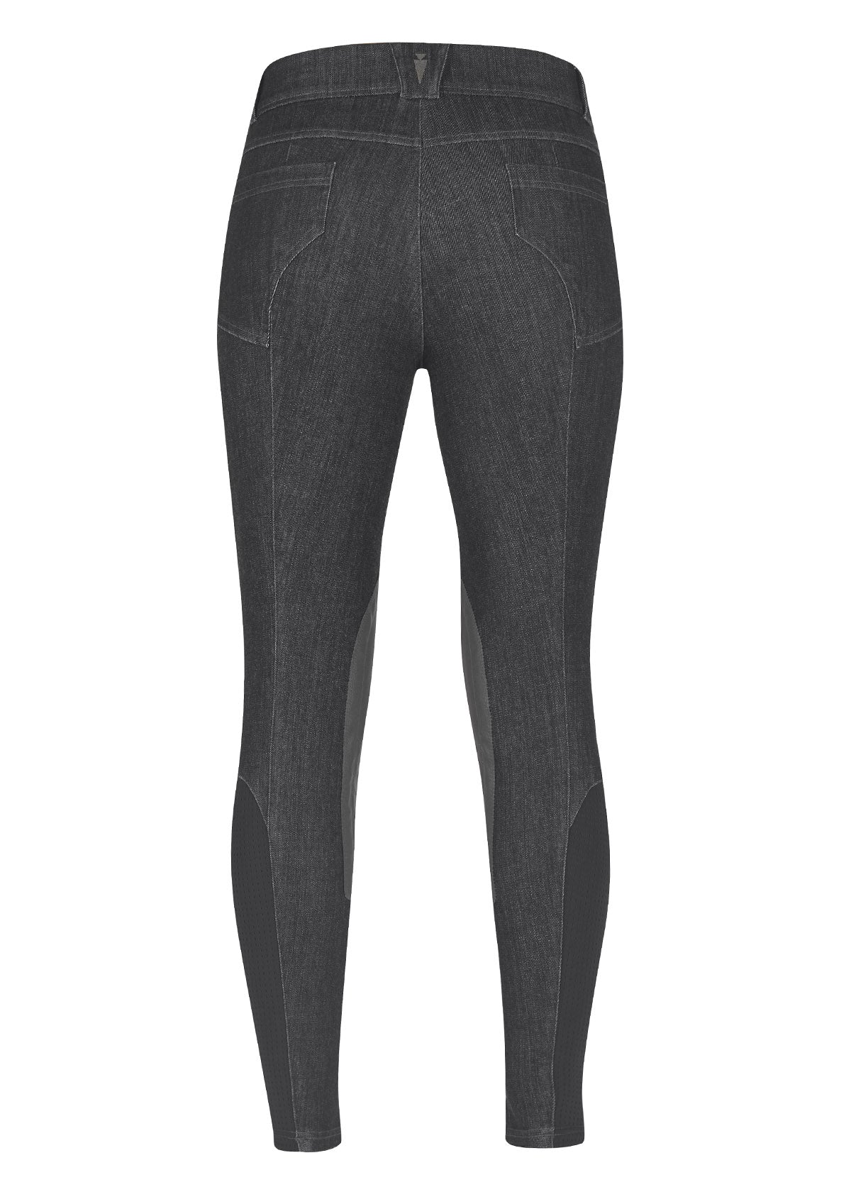 Stretch Denim Knee Patch Breech laid flat, back view, showing the contrast stitching and back pockets that enhance the breech's aesthetic appeal
