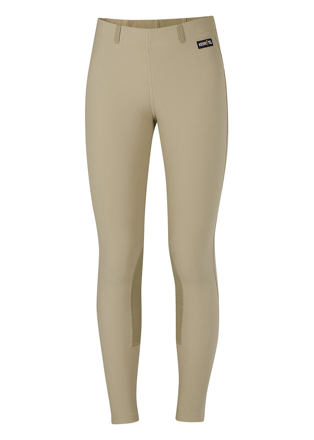 Flat lay of the riding tight, front side up, displaying the belt loops, knee patches, and the finely ribbed texture of the Microcord™ fabric