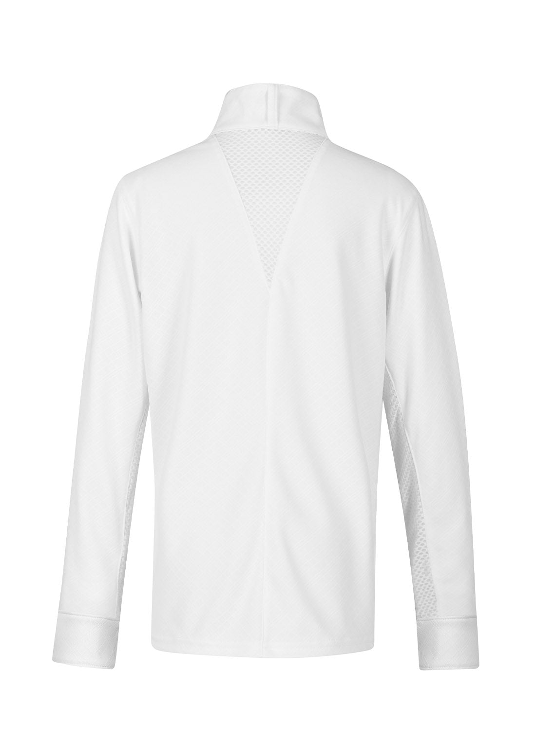 Flat lay, back side up, highlighting the mesh panels between the shoulders and under the arms, and the overall design