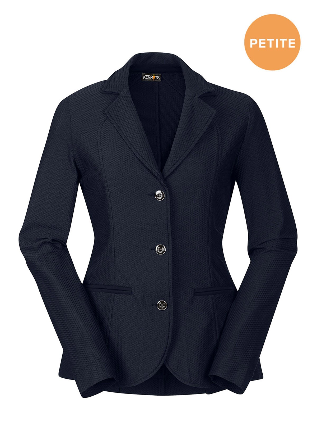 Flat lay of the show coat, front side up, showcasing the three-button closure and collar design
