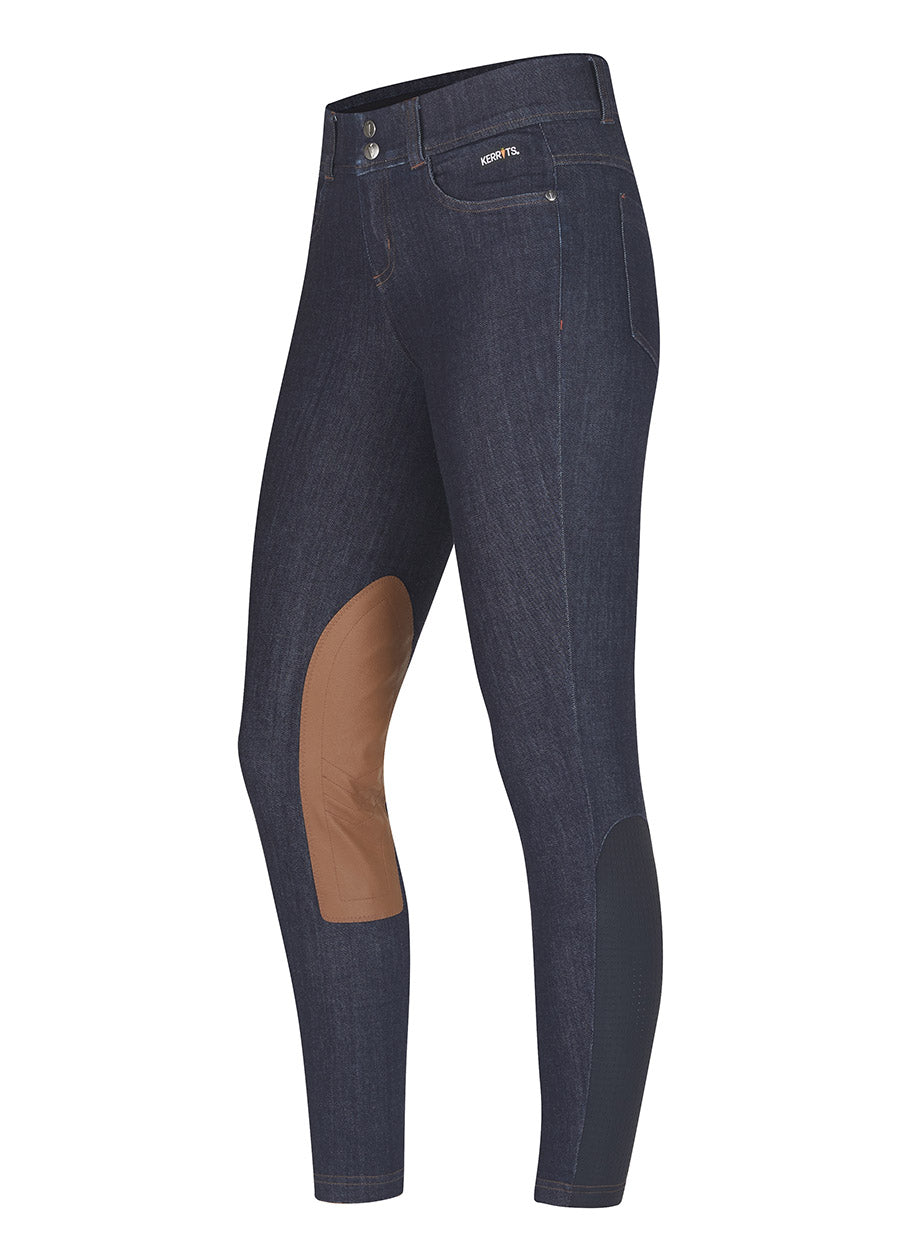Stretch Denim Knee Patch Breech laid flat, front side view, displaying the mid-rise waistband, front zip fly, and belt loops