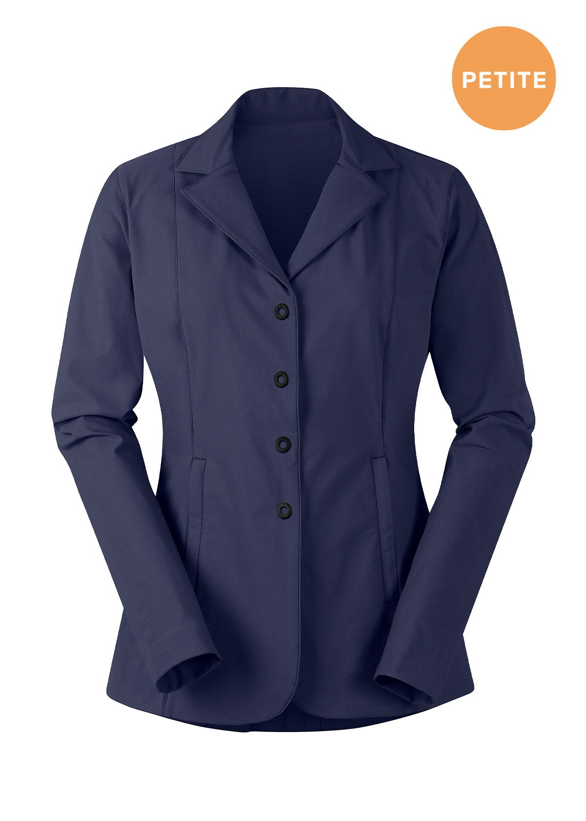 Flat lay of the show coat, front side up, highlighting the four-snap design and classic styling