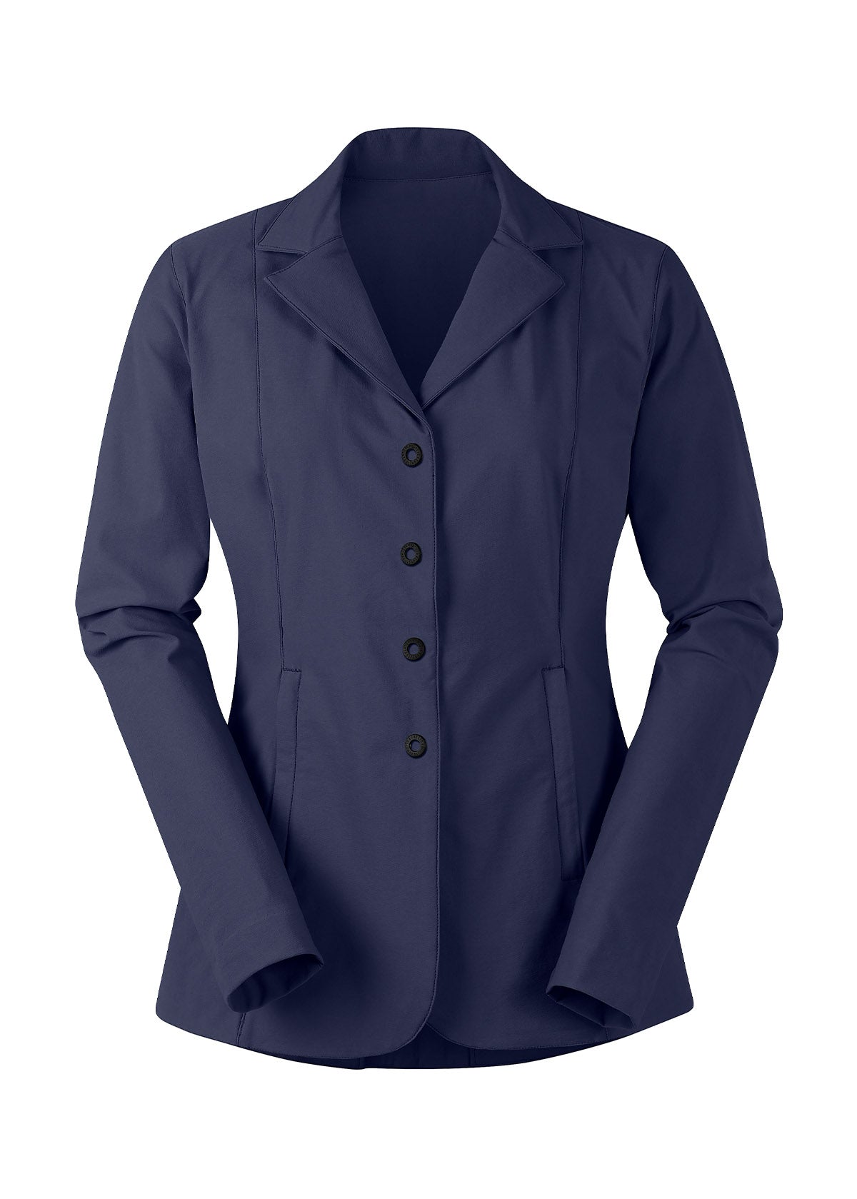 Stretch Competitor Koat in navy laid flat, front view, displaying the hidden front zipper, snap closures, and sleek design