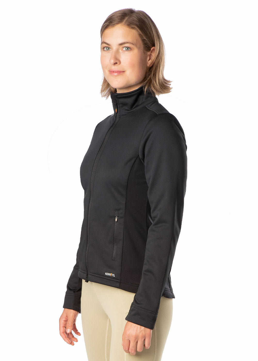 Side view on model of the jacket, showcasing the stretch side panels that offer a performance fit and freedom of movement for riders