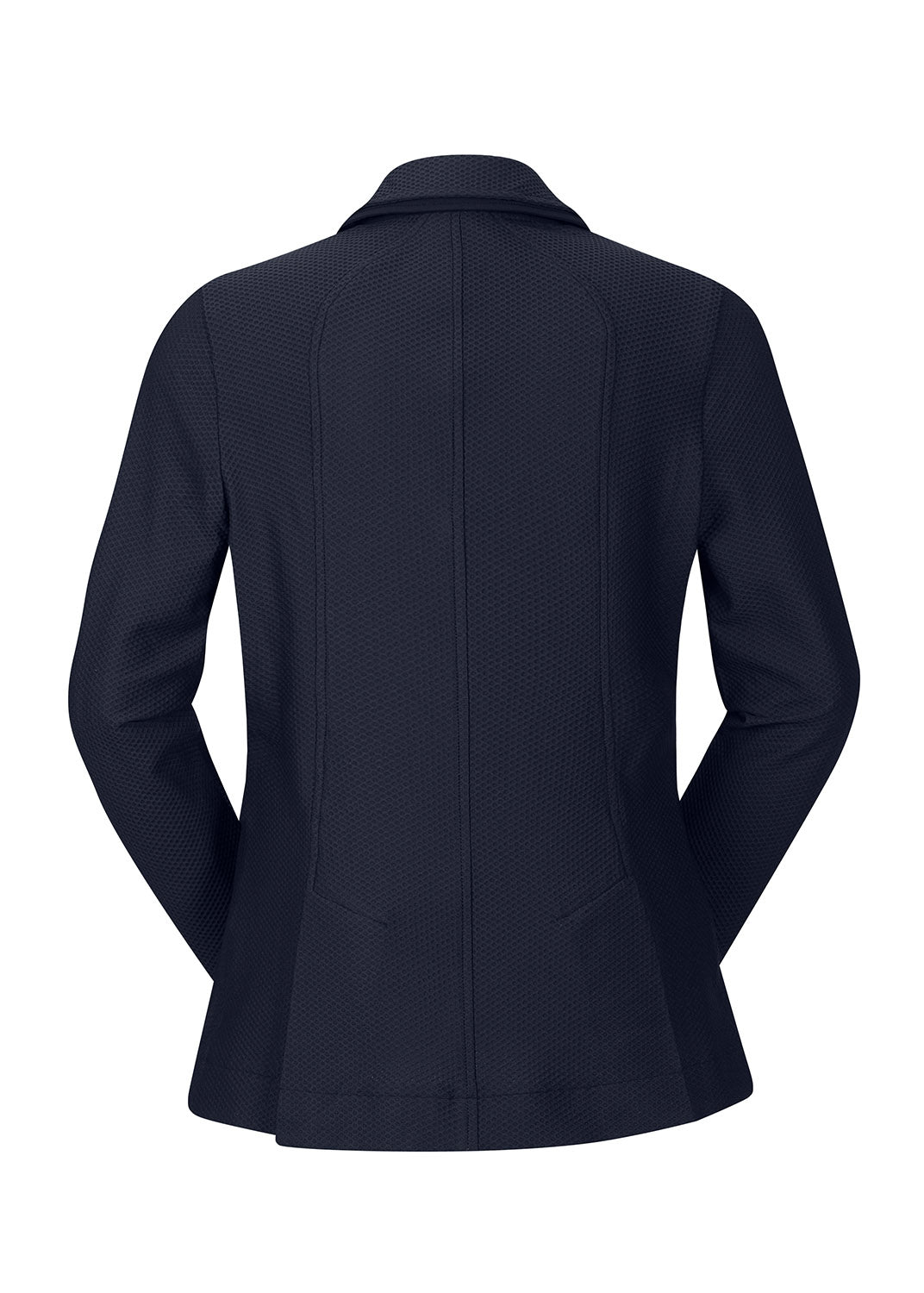 Back view showing the double-vent design, enhancing mobility and providing a polished look