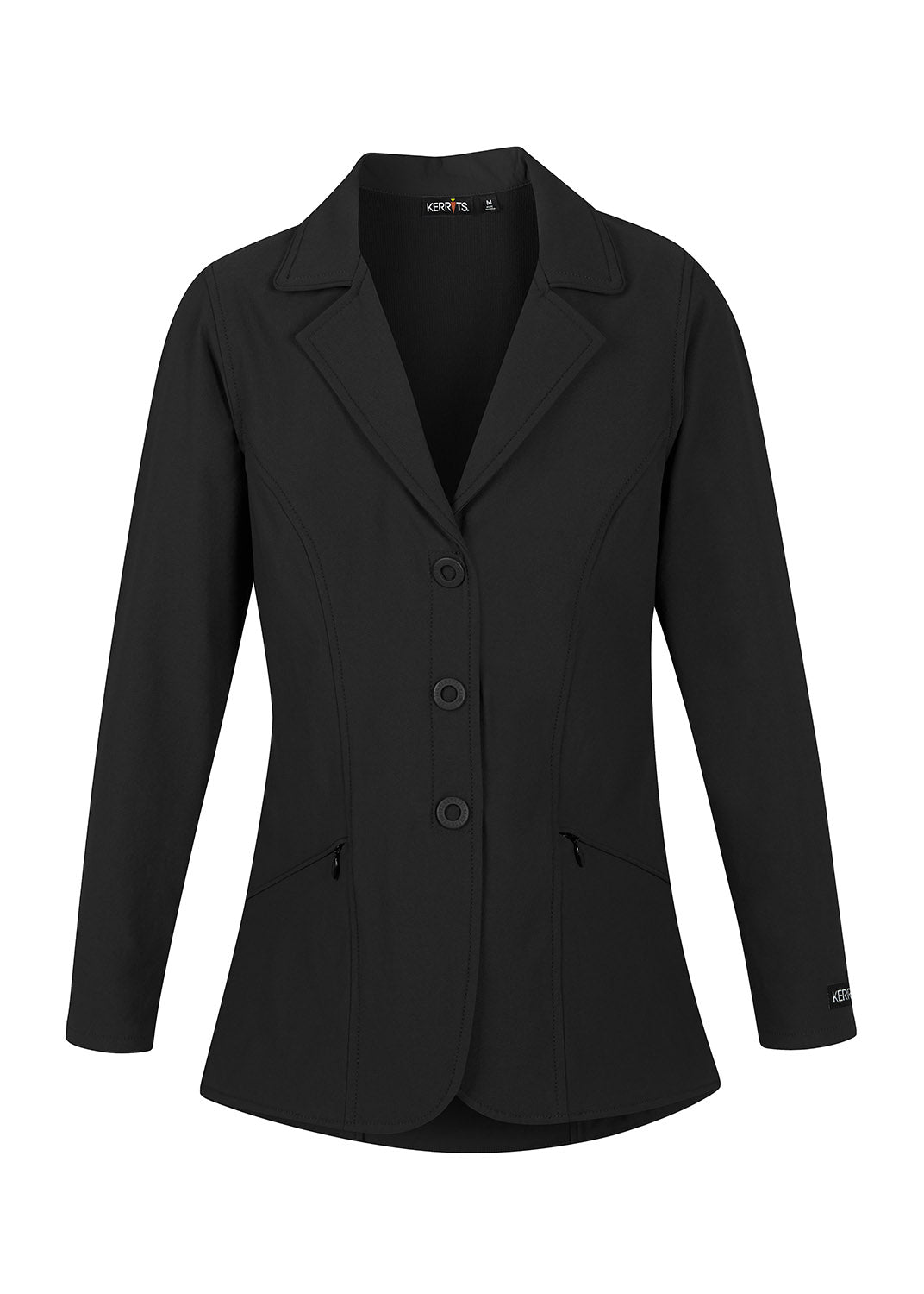 Flat lay of the coat, front side up, emphasizing the zippered front, pockets, and overall design
