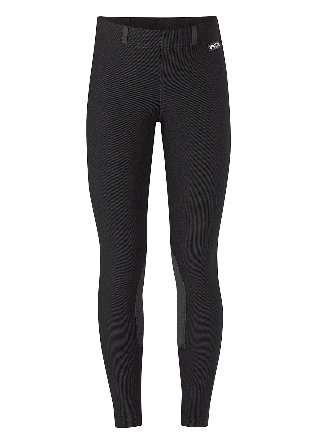 Flat lay of the riding tight, front side up, displaying the belt loops, knee patches, and the finely ribbed texture of the Microcord™ fabric