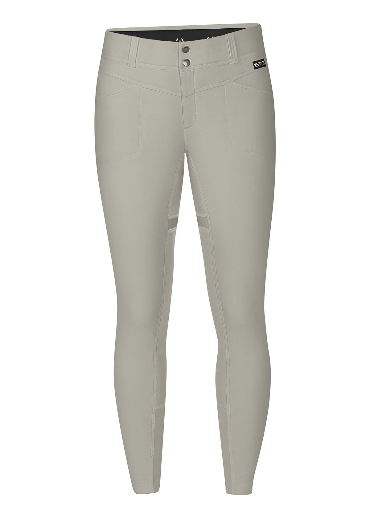 Flat lay of the Crossover II® Full Seat Riding Breech in Sand, highlighting the lightweight, stretch-woven fabric and clean front design with two pockets.
