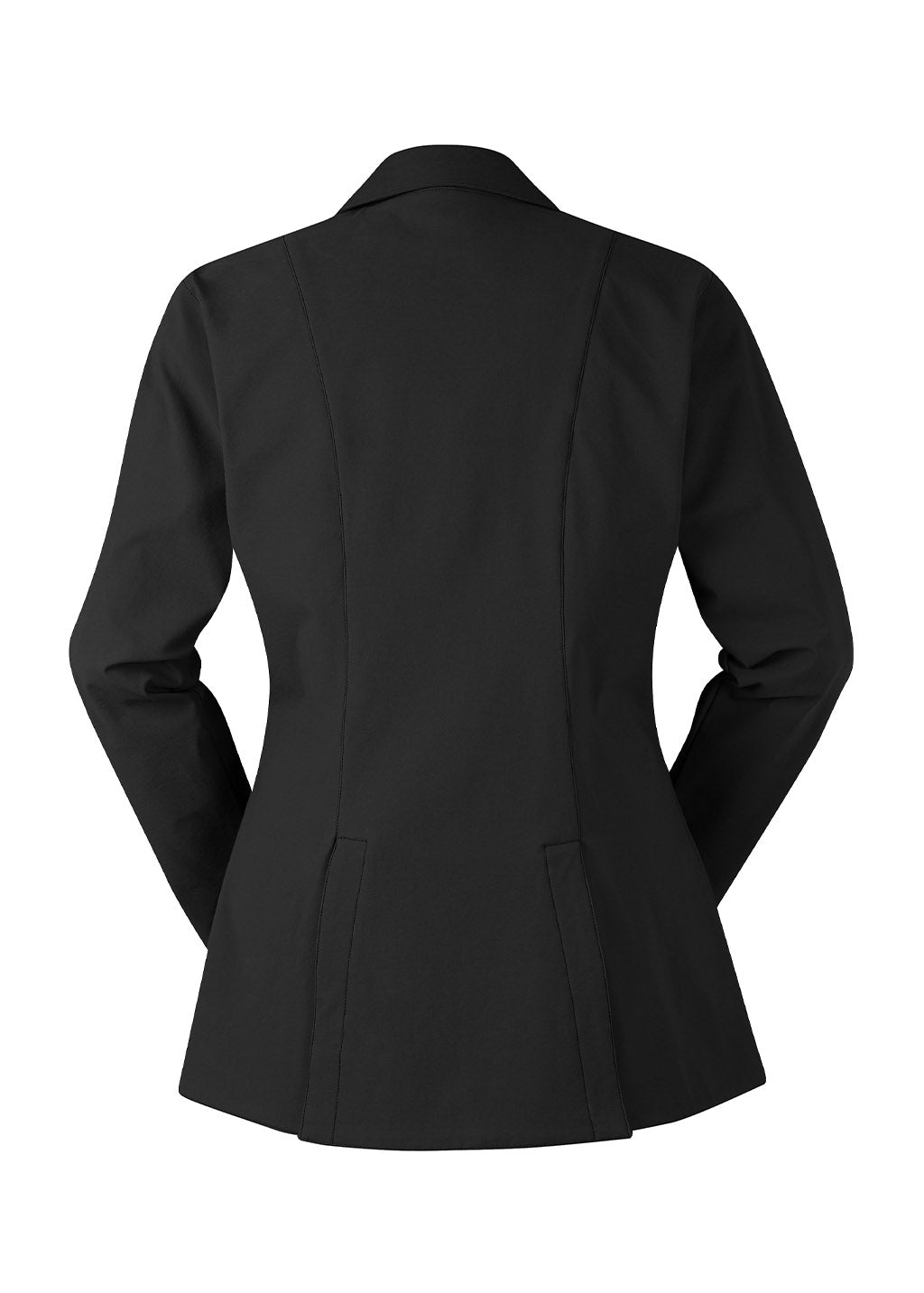 Back view of the Stretch Competitor Koat in black, displaying the two back vents and tailored fit