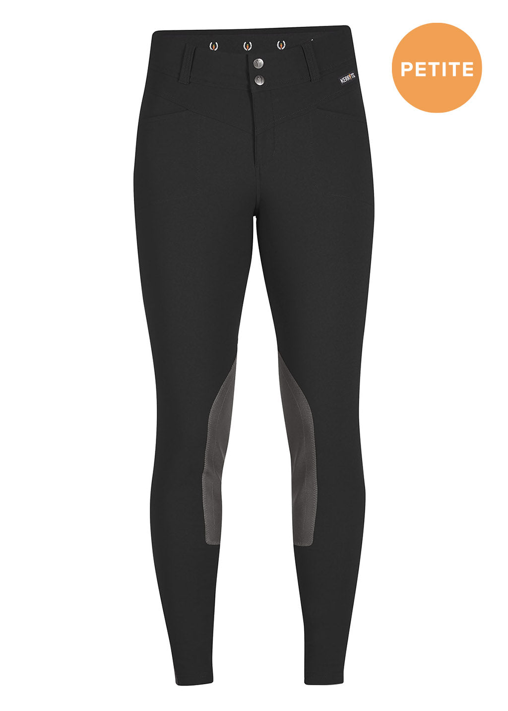 Front view of the Kerrits Petite Crossover II Knee Patch Breech, showcasing the tailored fit and two-snap front closure