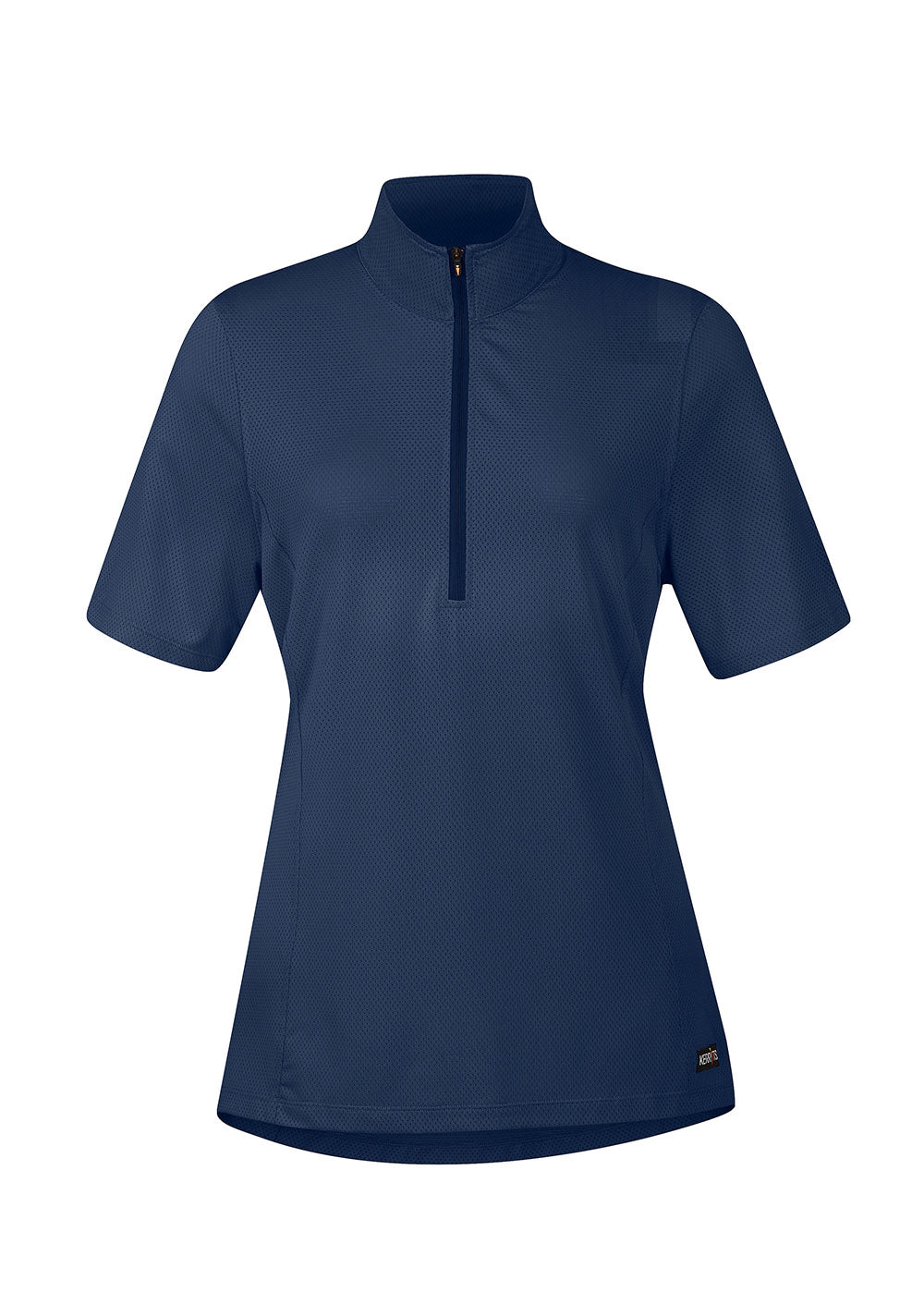 Flat lay of the Kerrits Ice Fil® Lite Short Sleeve Riding Shirt in Navy, presenting the front profile with zip collar.